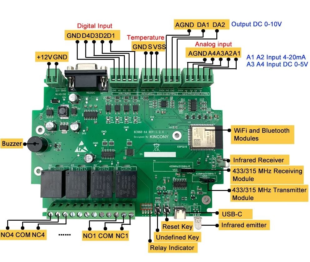 Programuojama Išmanių Namų Valdymo Plokštė Kincony A4 WIFI ESP32 (Arduino, IR RF Valdymas, 4 Relės)