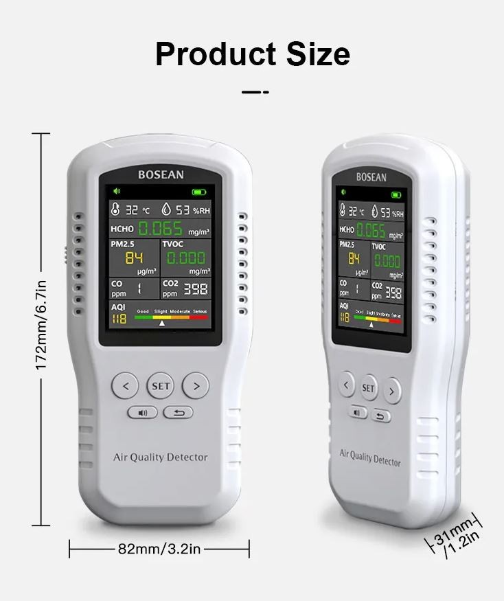 Oro Kokybės Matuoklis Bosean (7 Indikatoriai: HCHO, PM2.5, TVOC, CO2, CO, C, RH)